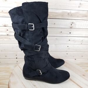 BONGO Black Slouchy Buckle Combat Boots